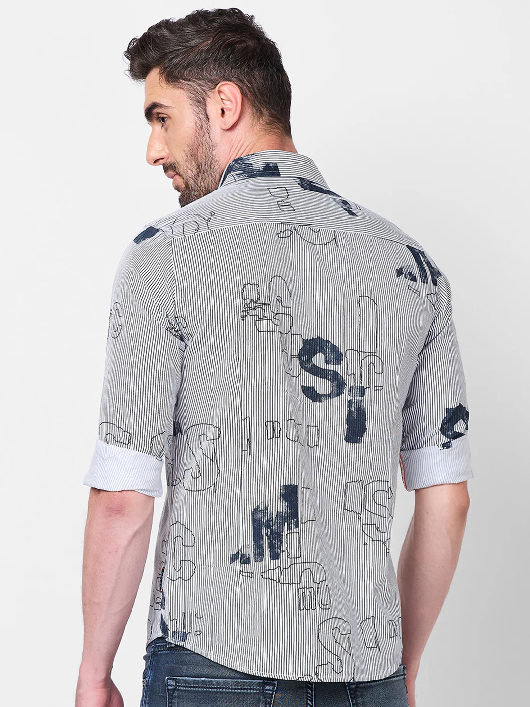 Full Sleeves Slim Fit Abstract Typographic Scribble Print with Pinstripes Shirt - Image 5