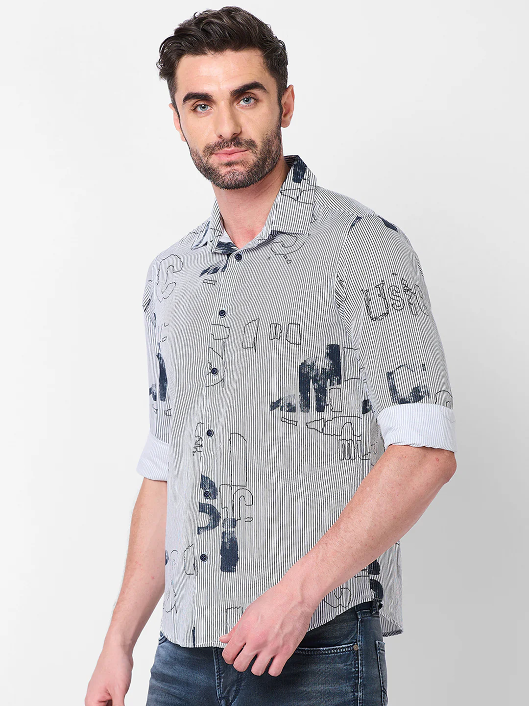 Full Sleeves Slim Fit Abstract Typographic Scribble Print with Pinstripes Shirt - Image 6