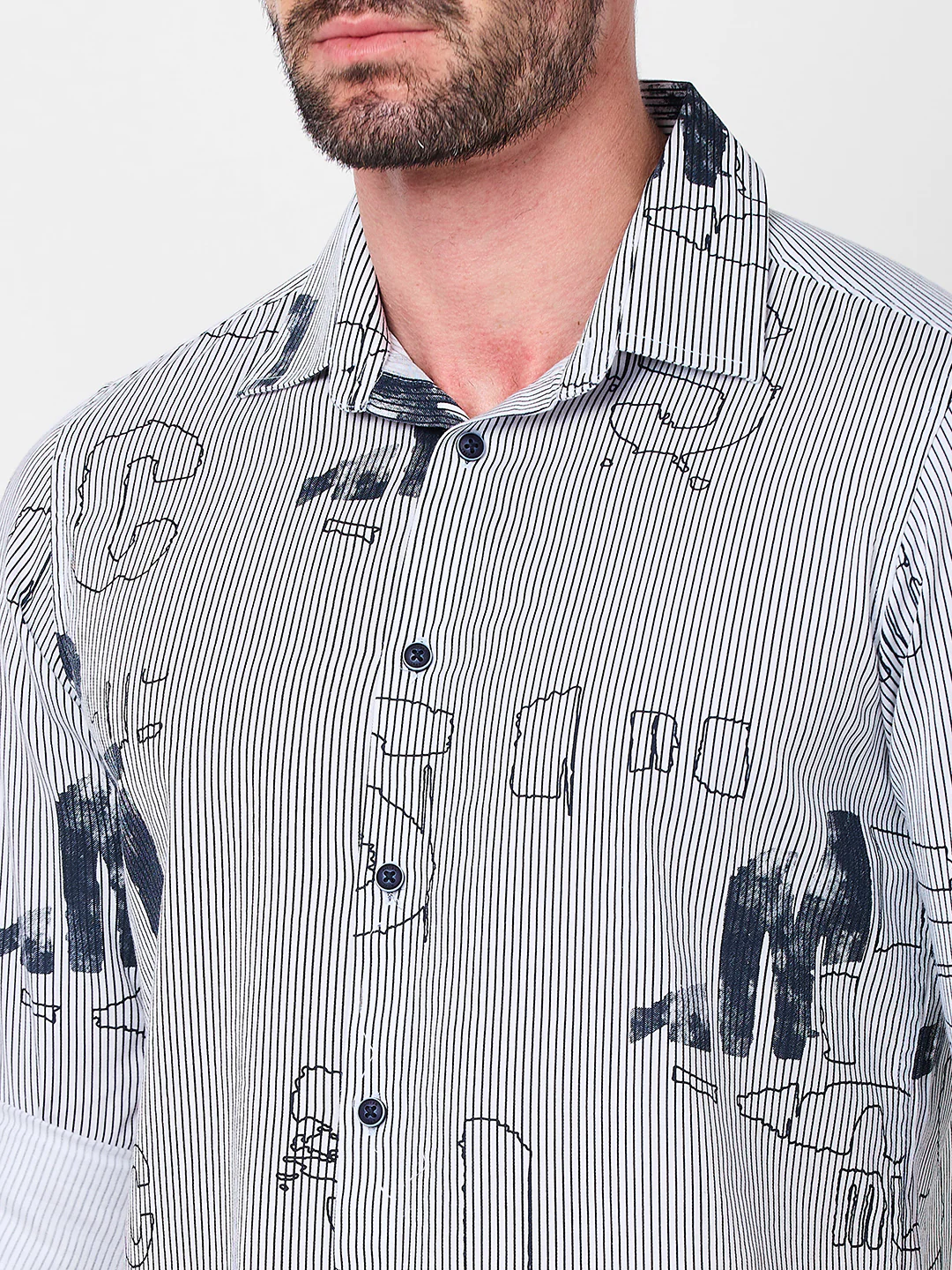 Full Sleeves Slim Fit Abstract Typographic Scribble Print with Pinstripes Shirt - Image 7