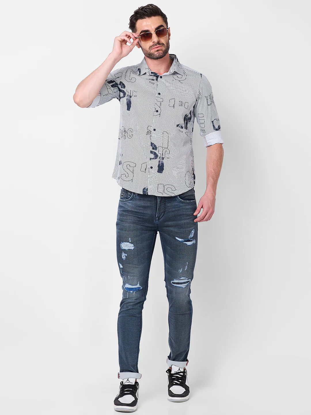 Full Sleeves Slim Fit Abstract Typographic Scribble Print with Pinstripes Shirt - Image 8