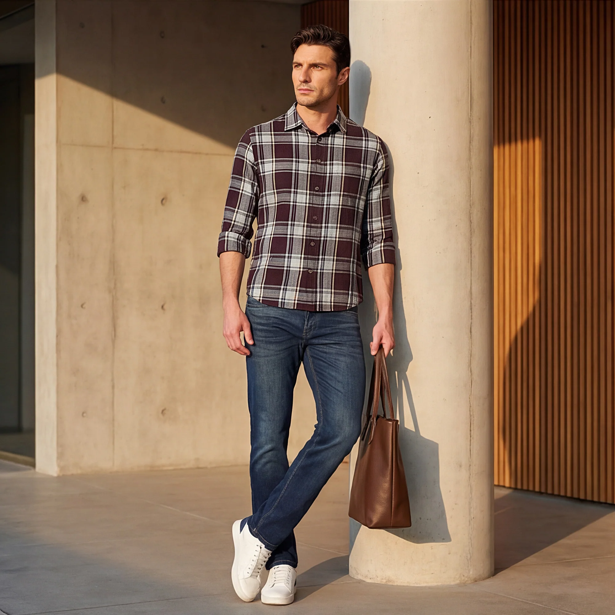 Full Sleeves Slim Fit Wine Structure Checks Shirt