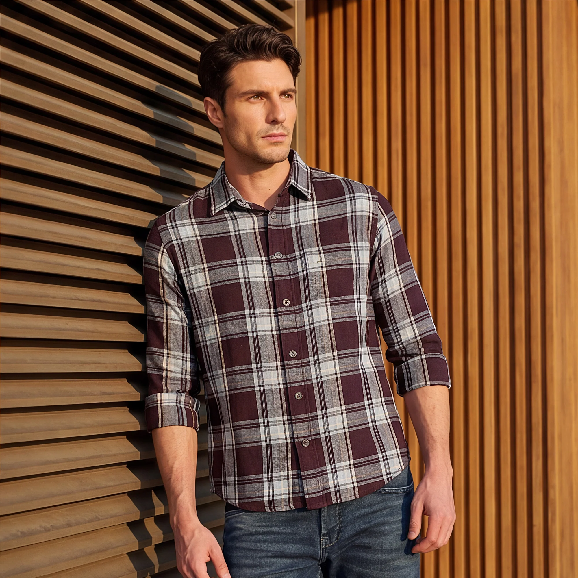 Full Sleeves Slim Fit Wine Structure Checks Shirt - Image 2