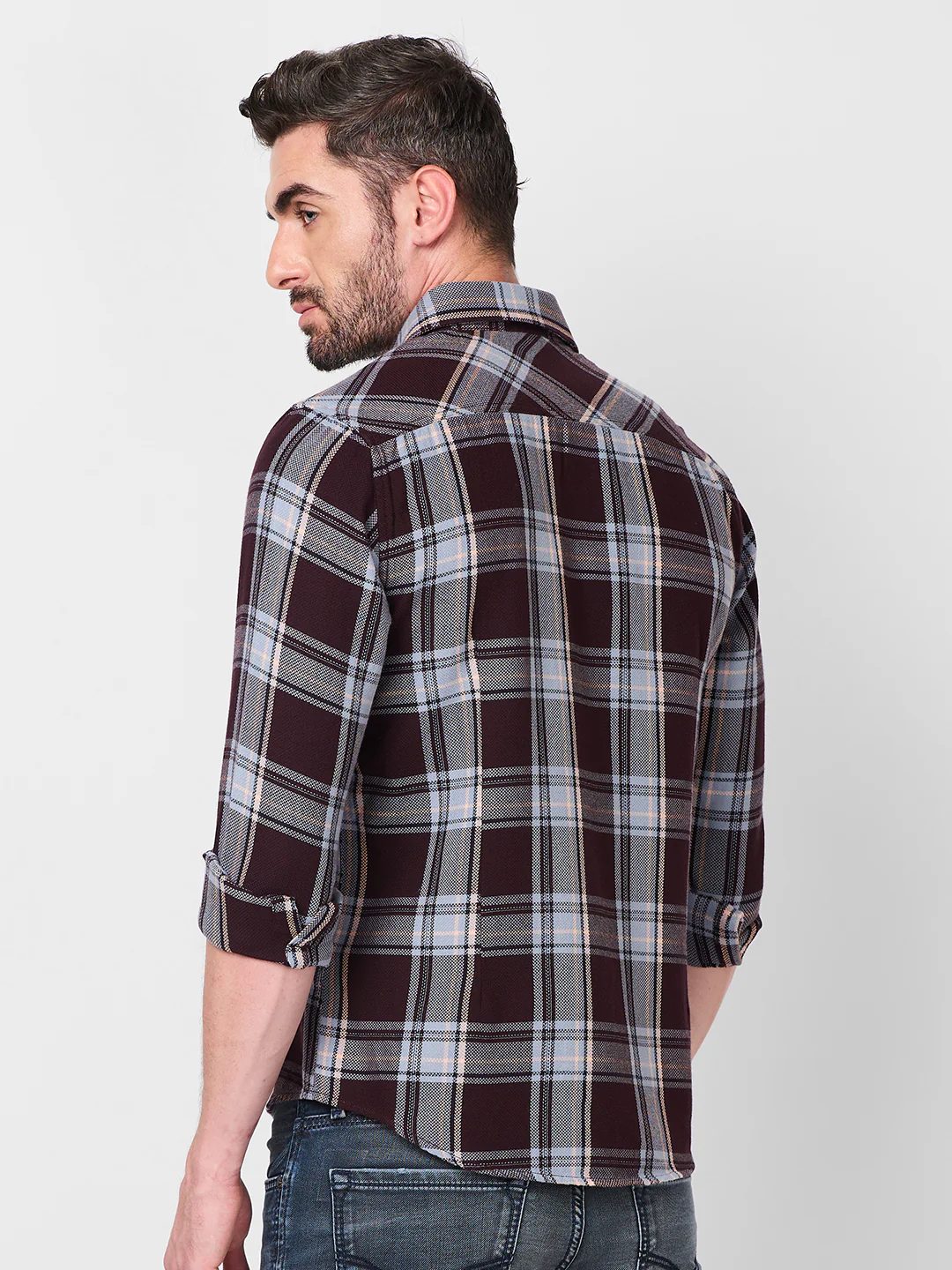 Full Sleeves Slim Fit Wine Structure Checks Shirt - Image 5