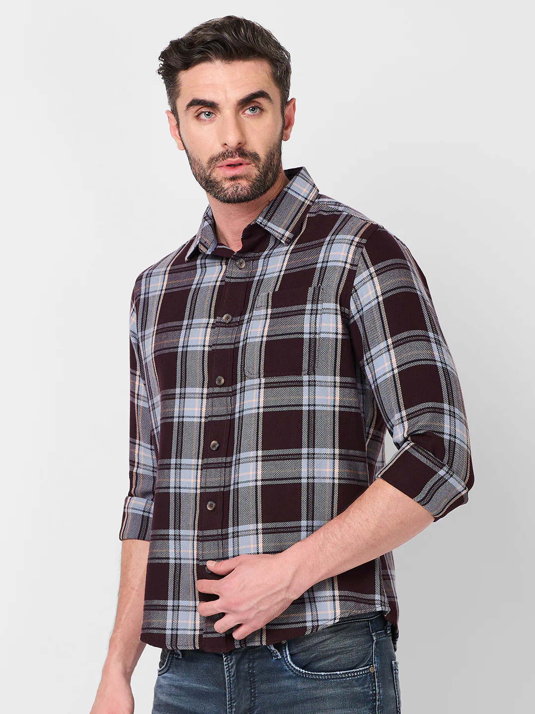 Full Sleeves Slim Fit Wine Structure Checks Shirt - Image 6
