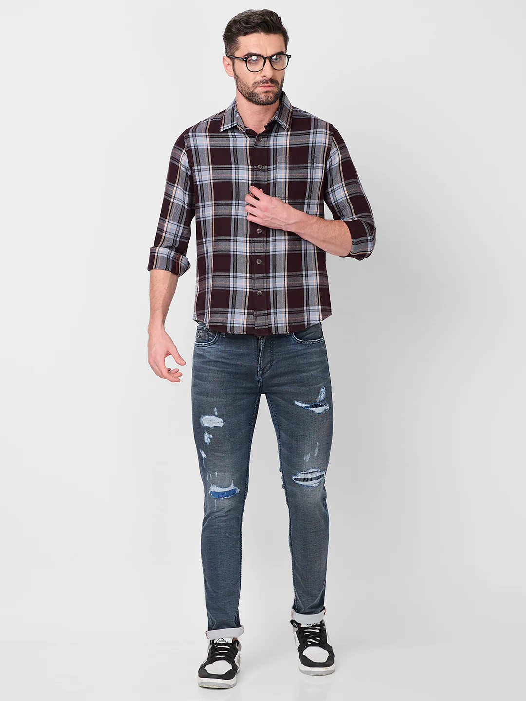 Full Sleeves Slim Fit Wine Structure Checks Shirt - Image 8