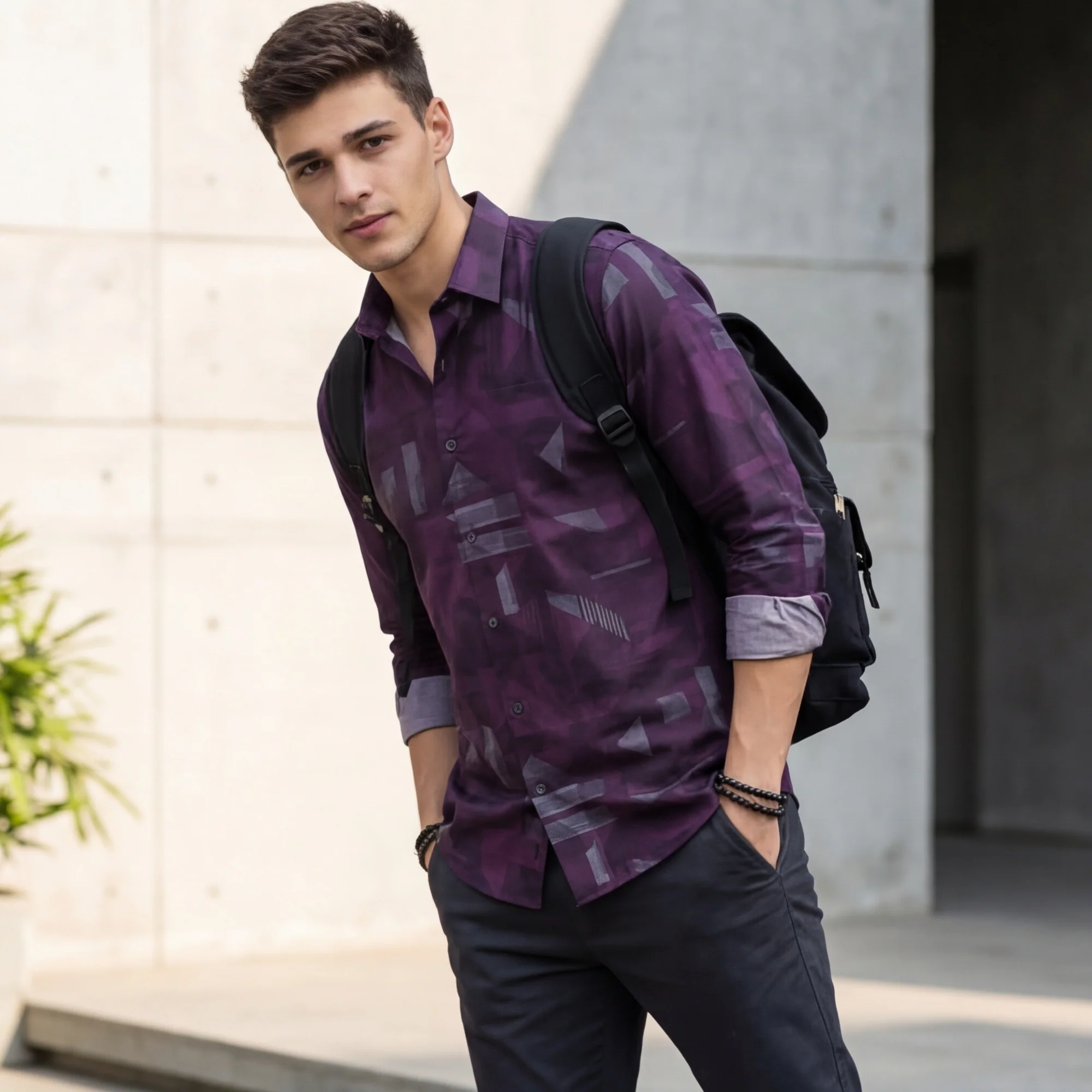 Full Sleeves Slim Fit Wine All-Over Big Geometric Print Shirt - Image 2