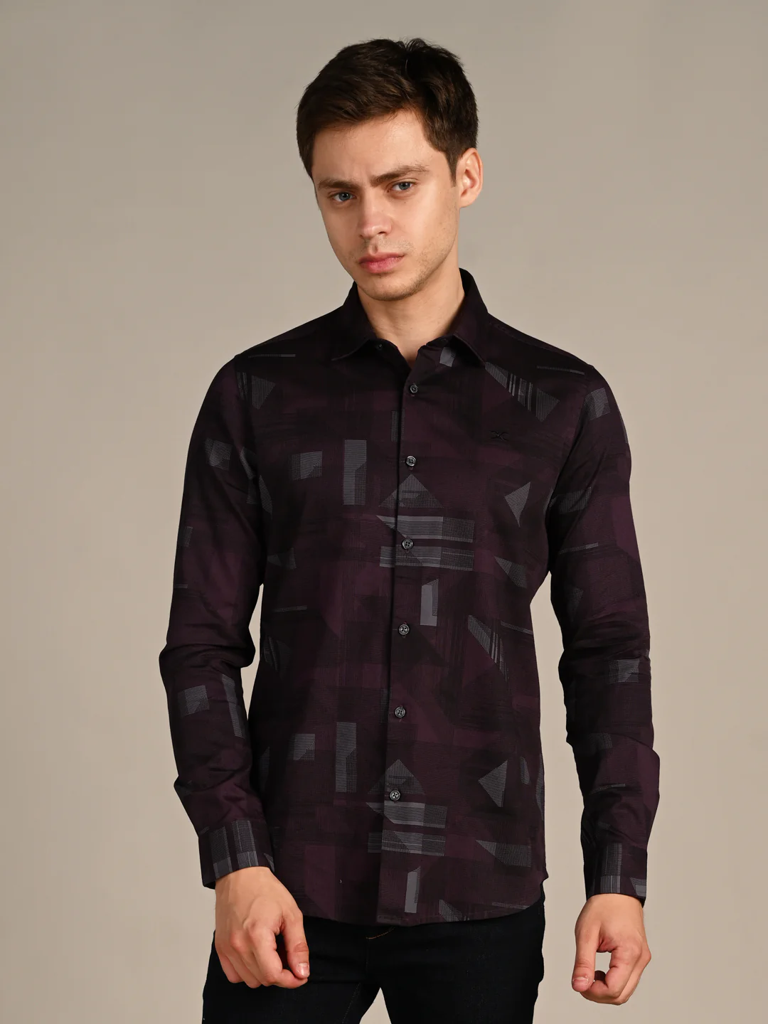 Full Sleeves Slim Fit Wine All-Over Big Geometric Print Shirt - Image 4