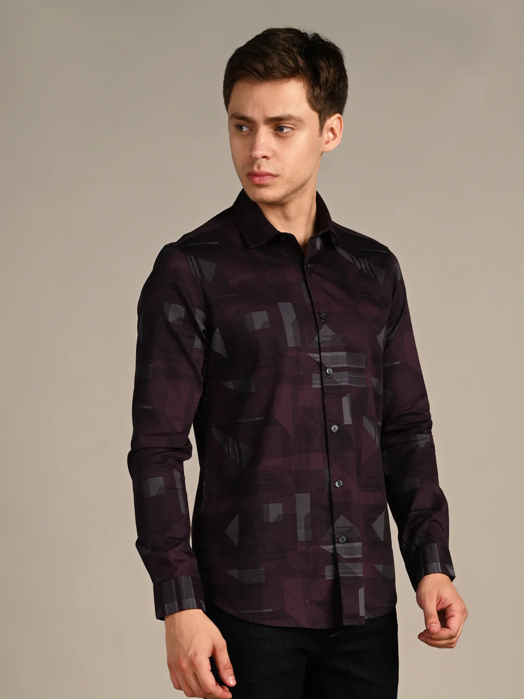 Full Sleeves Slim Fit Wine All-Over Big Geometric Print Shirt - Image 5