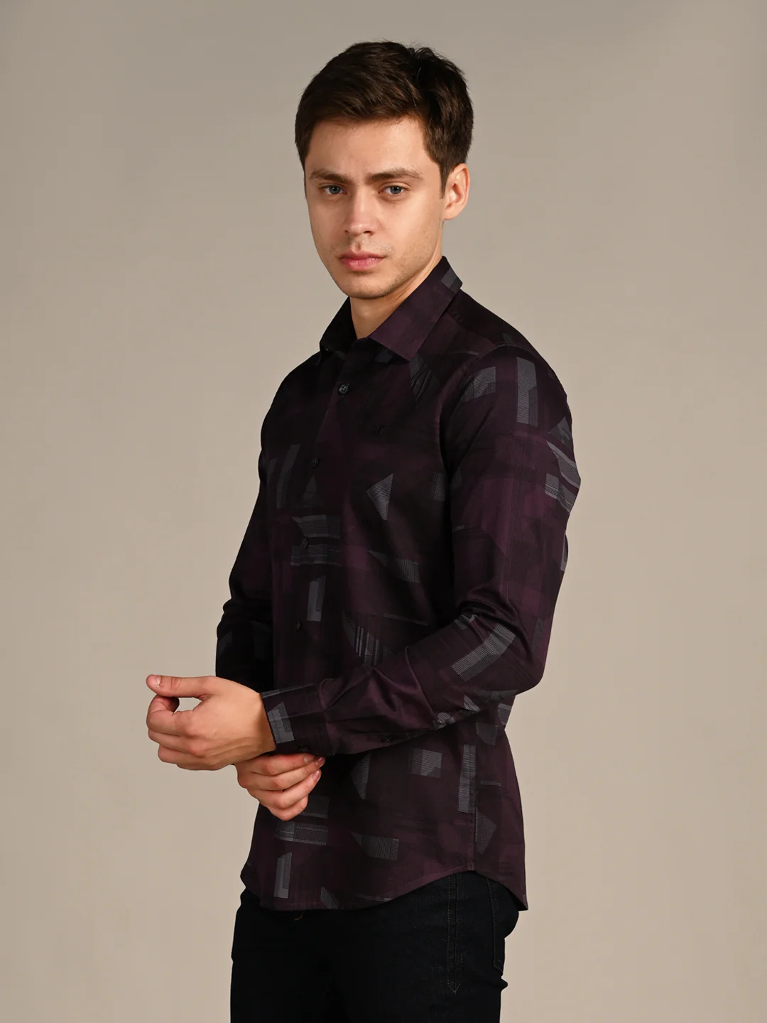 Full Sleeves Slim Fit Wine All-Over Big Geometric Print Shirt - Image 6