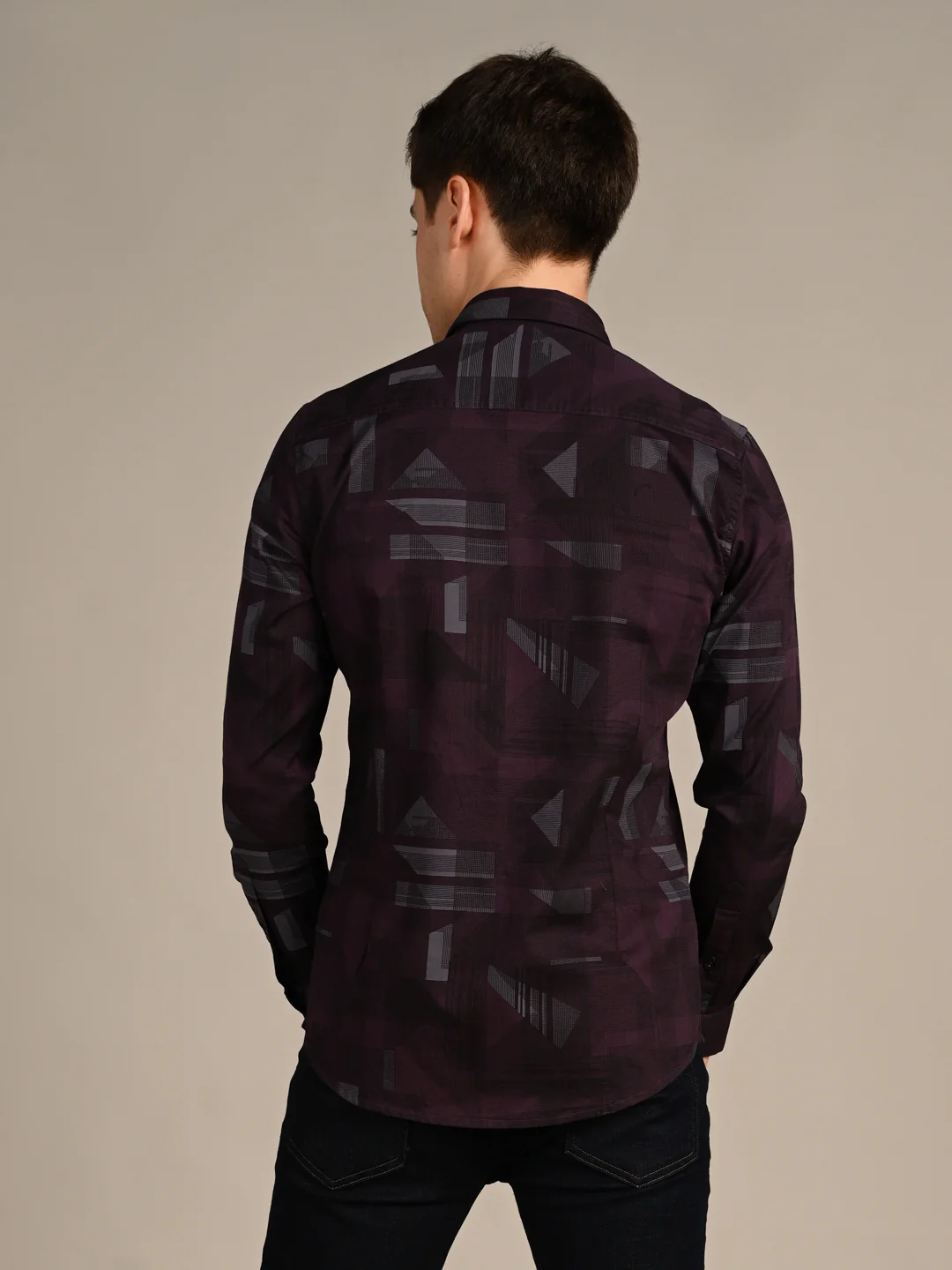 Full Sleeves Slim Fit Wine All-Over Big Geometric Print Shirt - Image 7