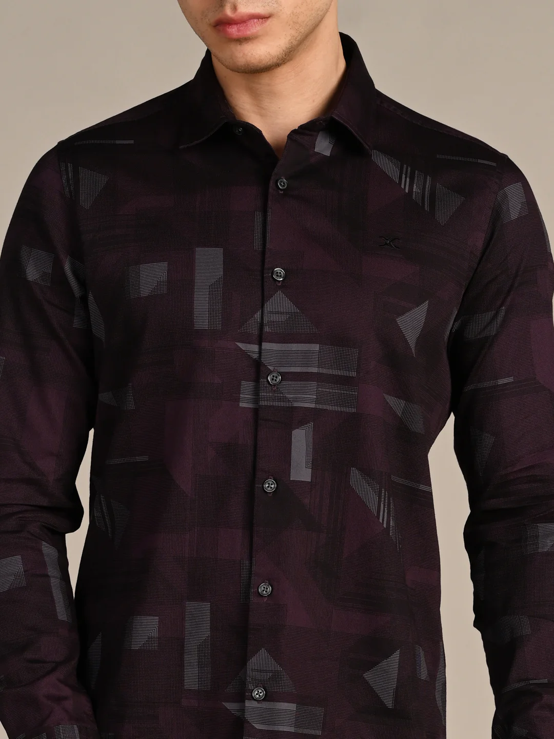 Full Sleeves Slim Fit Wine All-Over Big Geometric Print Shirt - Image 8