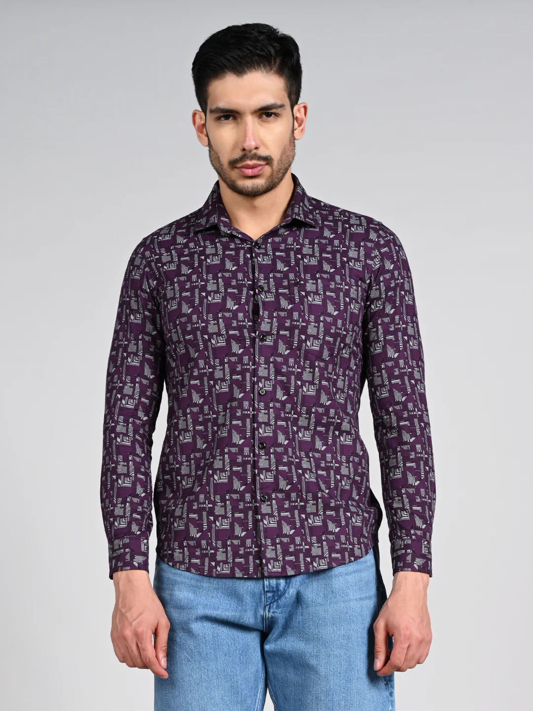 Full Sleeves Slim Fit All-Over Geometric Ethnic Fusion Print Shirt - Image 4