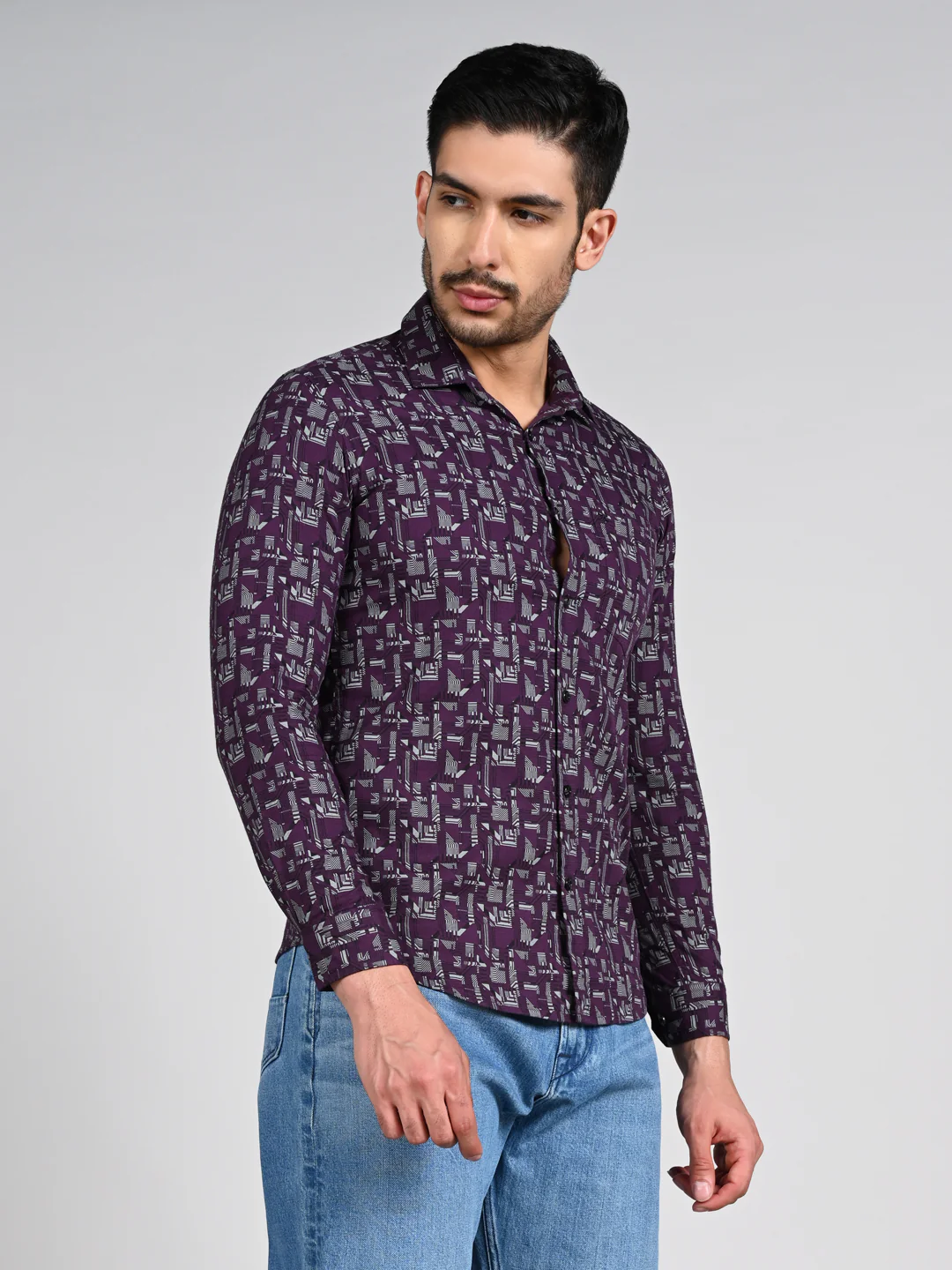 Full Sleeves Slim Fit All-Over Geometric Ethnic Fusion Print Shirt - Image 5