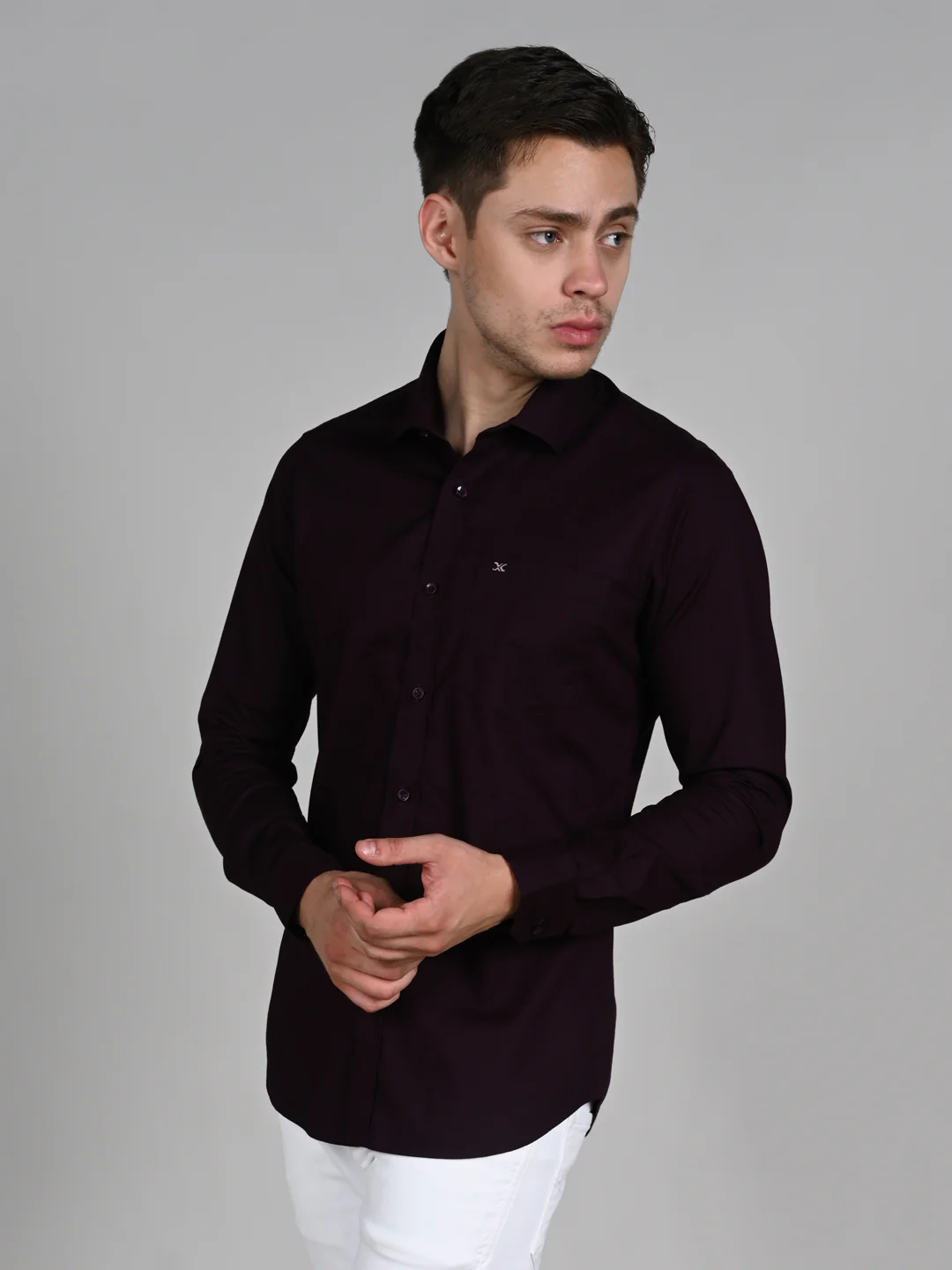 Full Sleeves Slim Fit Wine Doddy Structured Solid Shirt - Image 6
