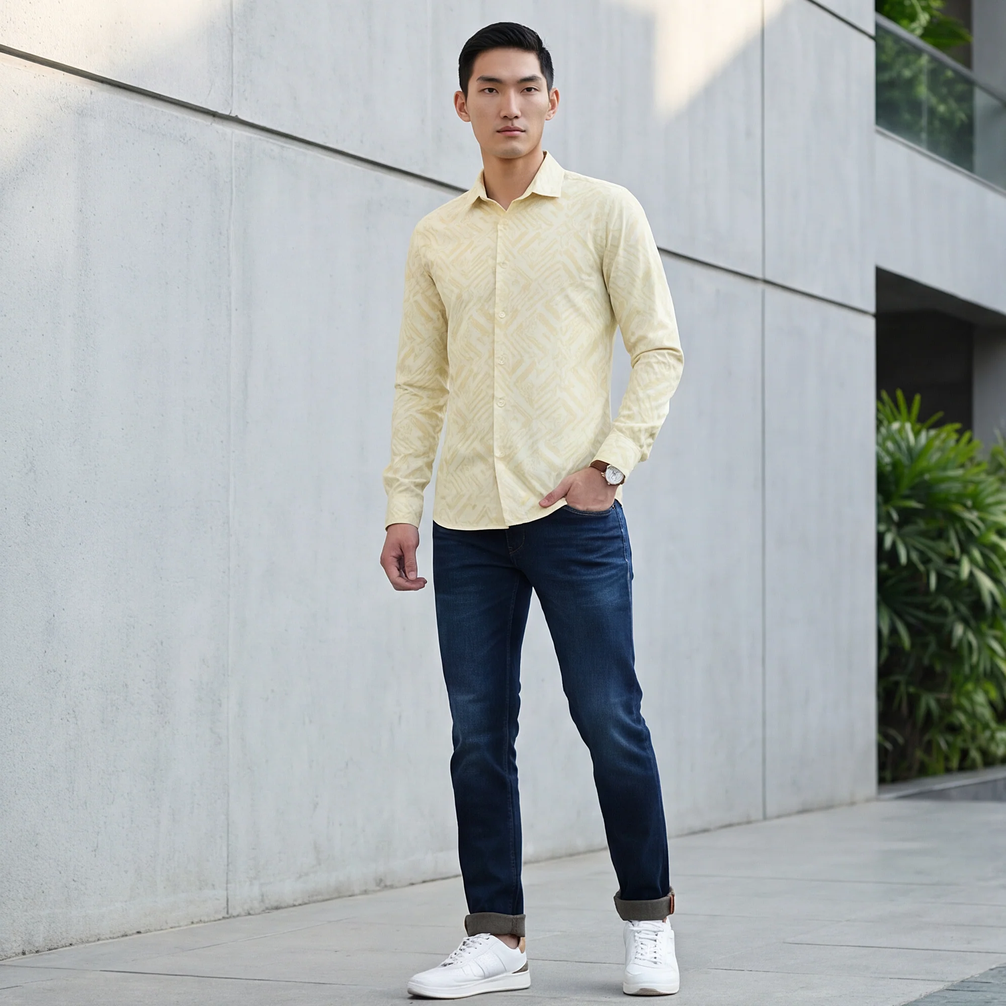 Full Sleeves Slim Fit Yellow All Over Abstract Geometric Print Knit Shirt
