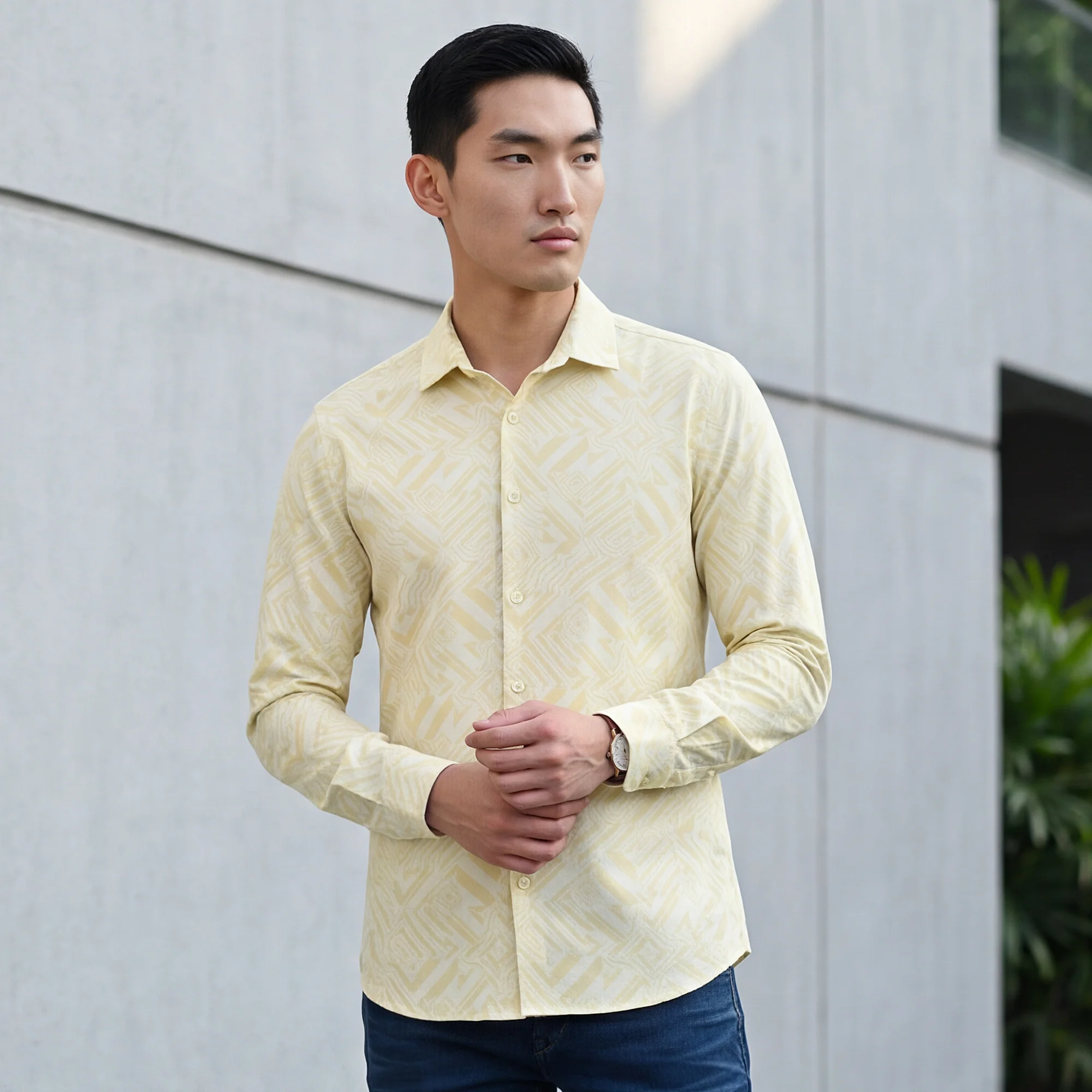 Full Sleeves Slim Fit Yellow All Over Abstract Geometric Print Knit Shirt - Image 2