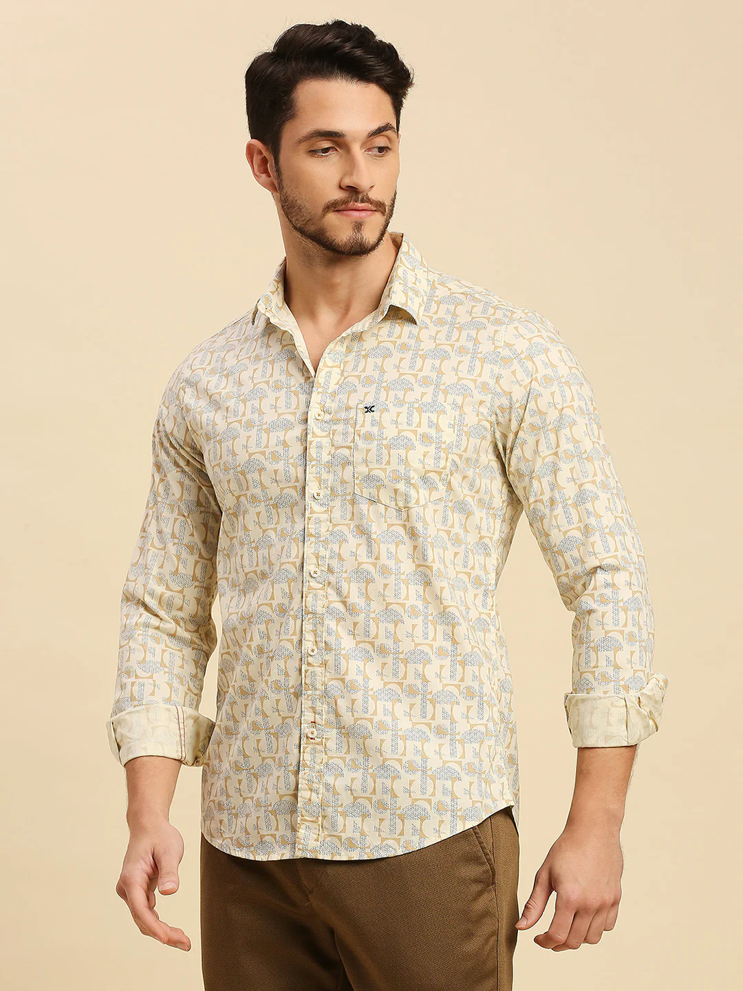 Full Sleeves Slim Fit Lemon Yellow all-over Geometric print Shirt - Image 5