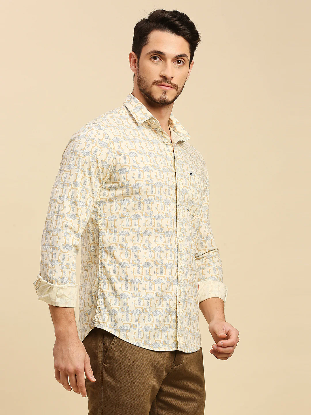 Full Sleeves Slim Fit Lemon Yellow all-over Geometric print Shirt - Image 6