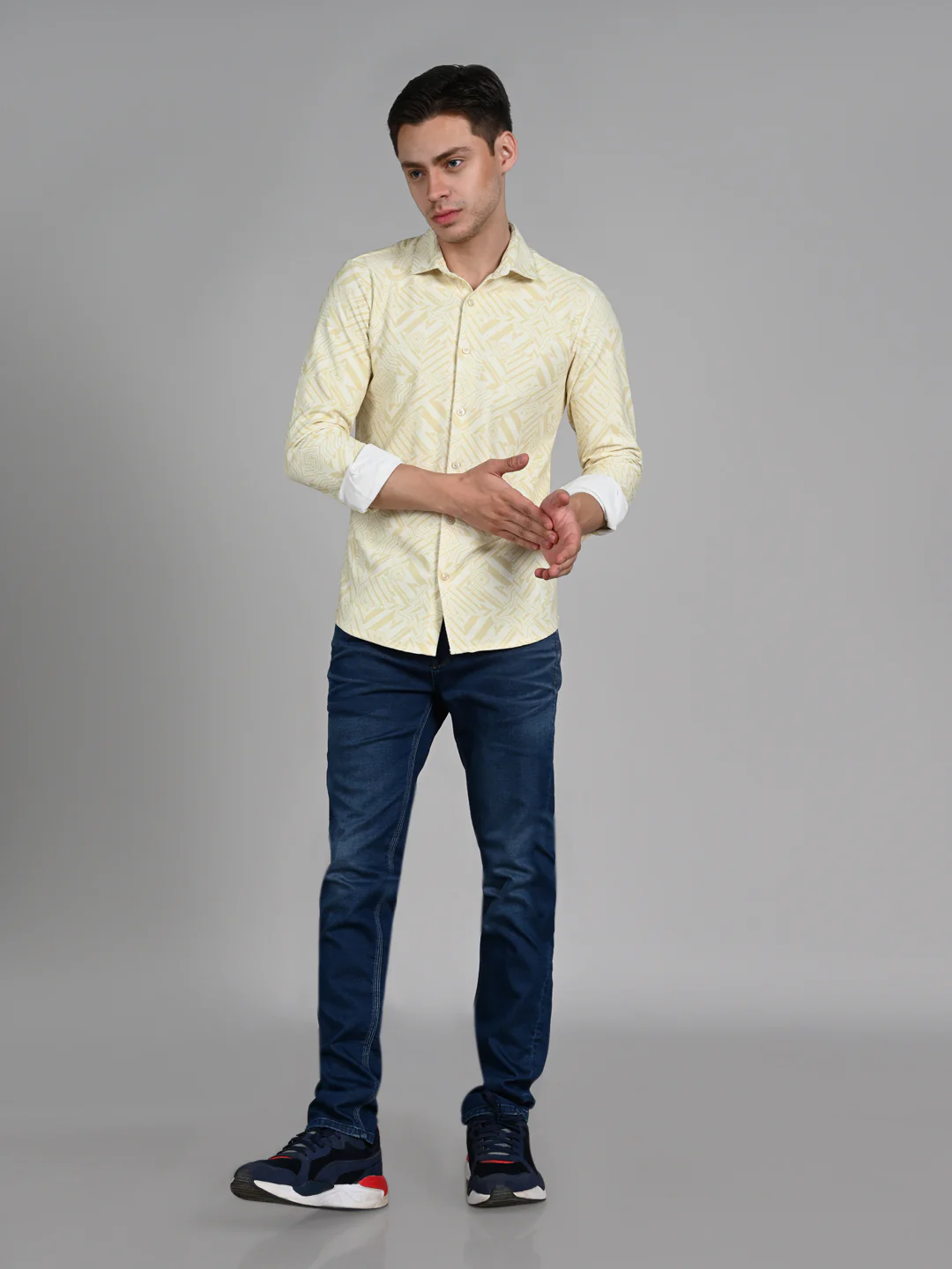 Full Sleeves Slim Fit Yellow All Over Abstract Geometric Print Knit Shirt - Image 3