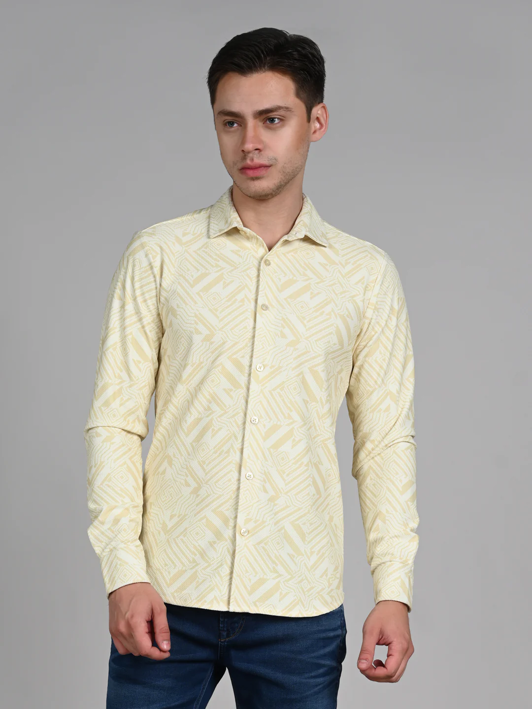 Full Sleeves Slim Fit Yellow All Over Abstract Geometric Print Knit Shirt - Image 4