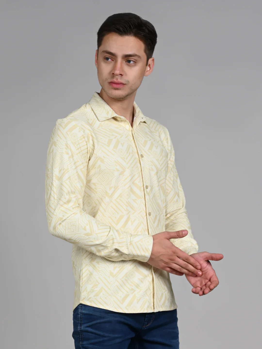 Full Sleeves Slim Fit Yellow All Over Abstract Geometric Print Knit Shirt - Image 6