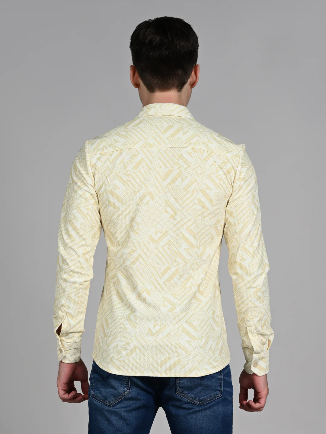 Full Sleeves Slim Fit Yellow All Over Abstract Geometric Print Knit Shirt - Image 7