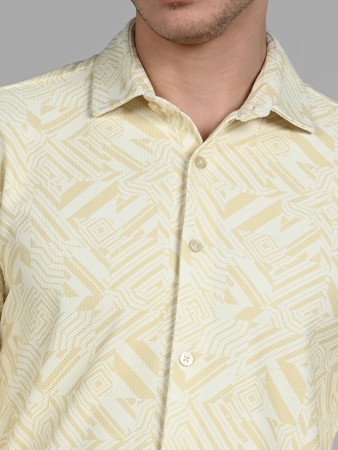 Full Sleeves Slim Fit Yellow All Over Abstract Geometric Print Knit Shirt - Image 8