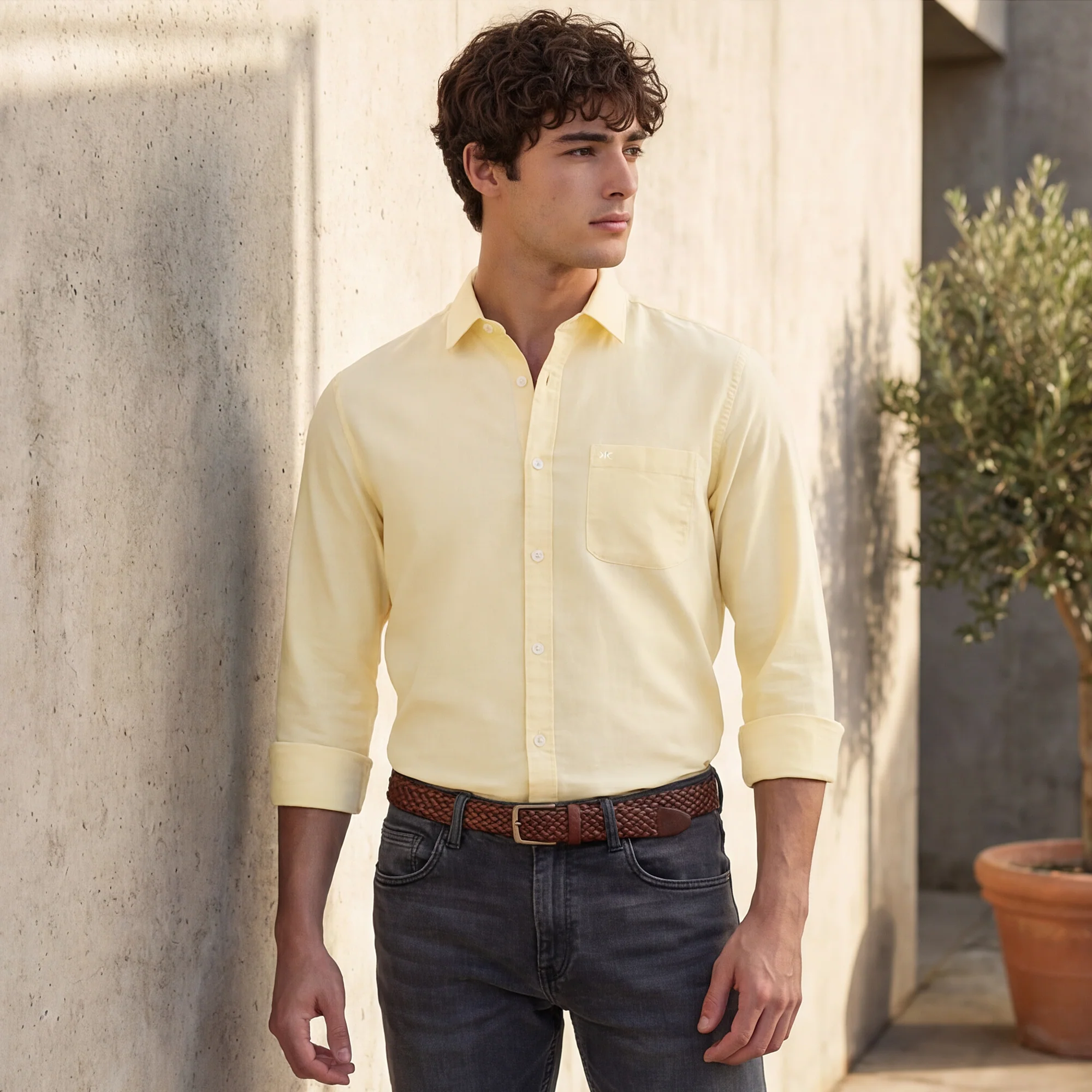 Full Sleeves Slim Fit Yellow Solid Oxford Shirt - Image 2