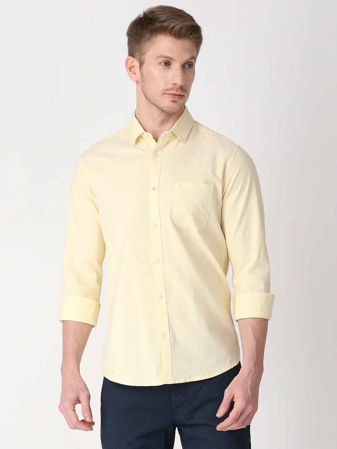 Full Sleeves Slim Fit Yellow Solid Oxford Shirt - Image 3