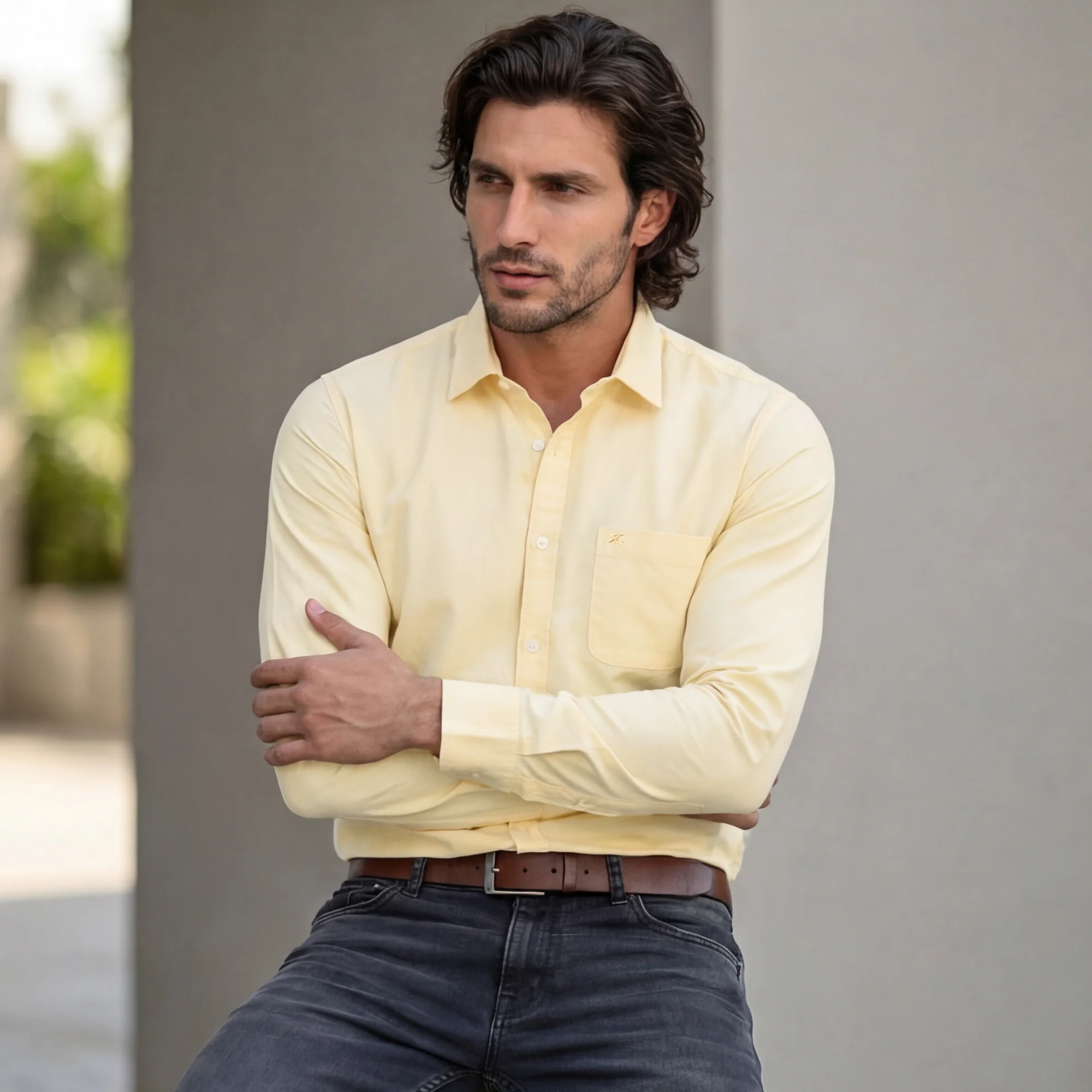 Full Sleeves Slim Fit Lemon Solid Oxford Shirt - Image 2