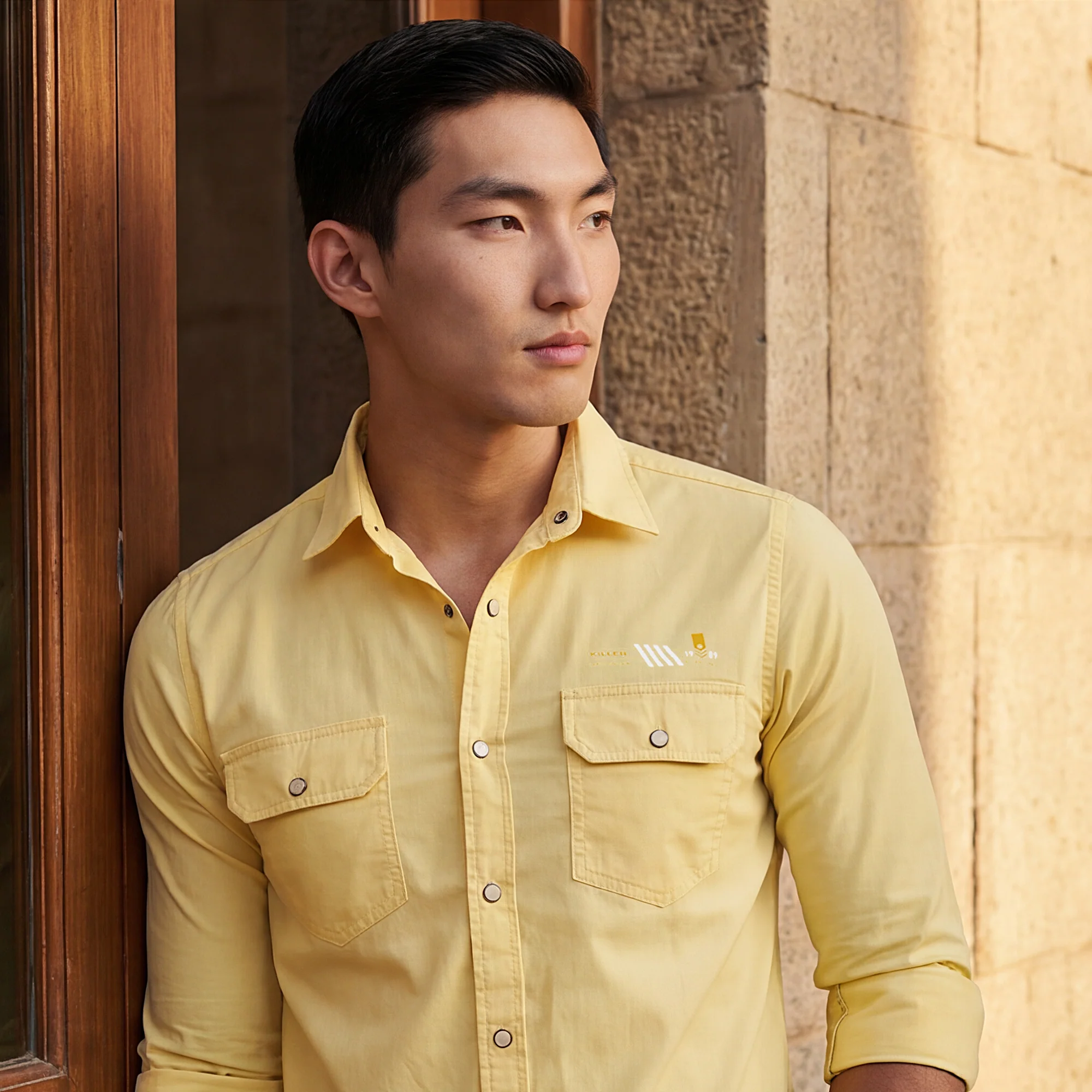 Short sleeves Slim Fit Lemon Yellow Double Pocket Solid Shirt - Image 2