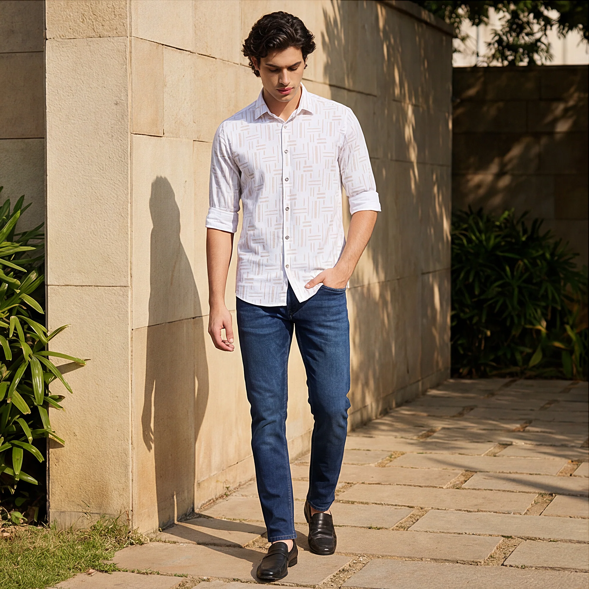 Men's Beige Printed Slim Fit Shirts