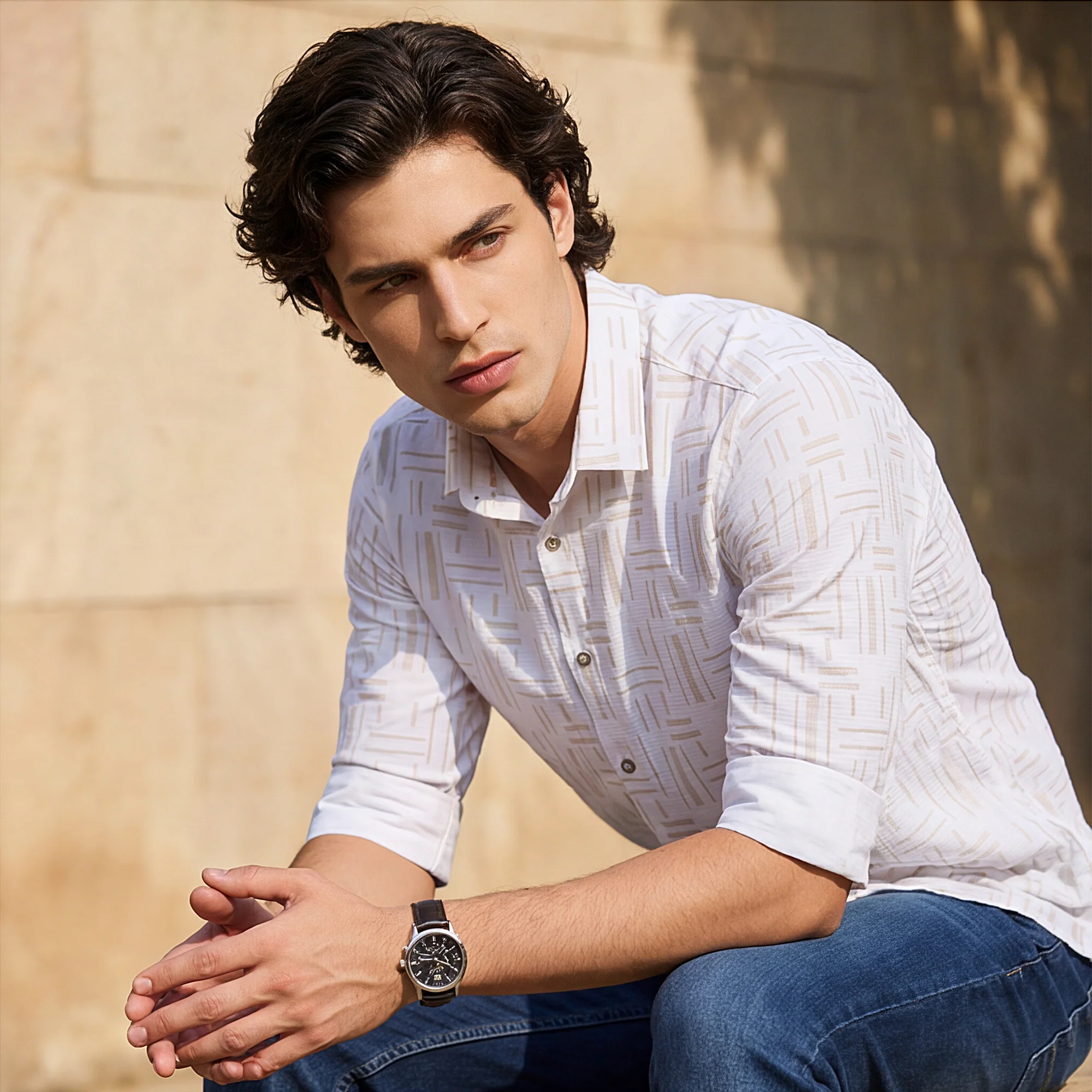 Men's Beige Printed Slim Fit Shirts - Image 2
