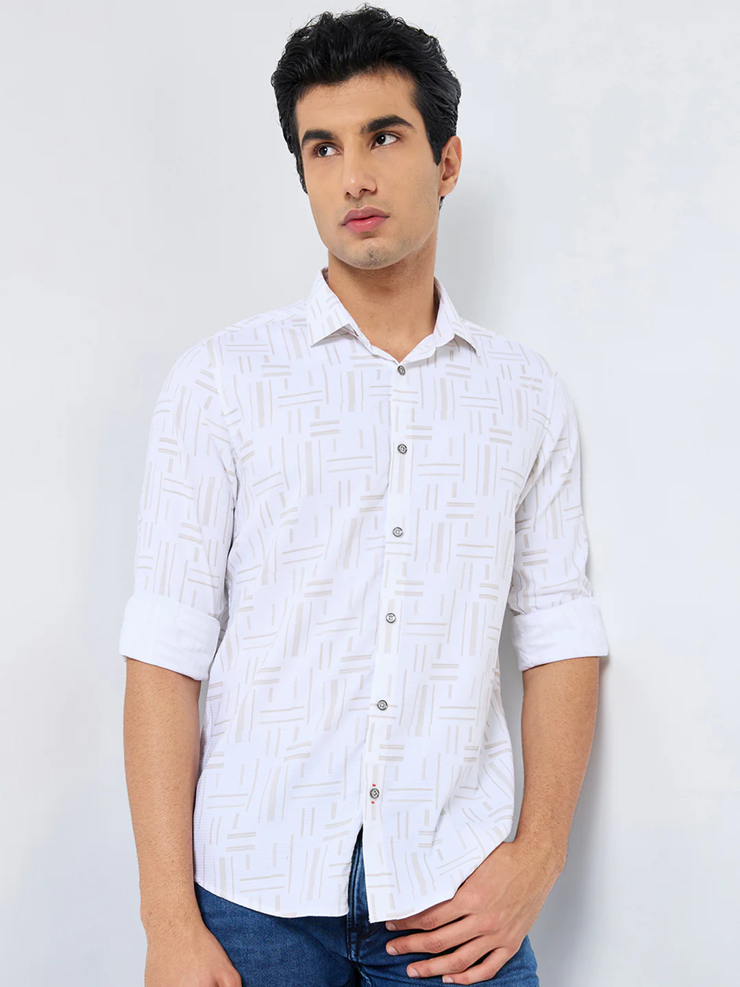 Men's Beige Printed Slim Fit Shirts - Image 3