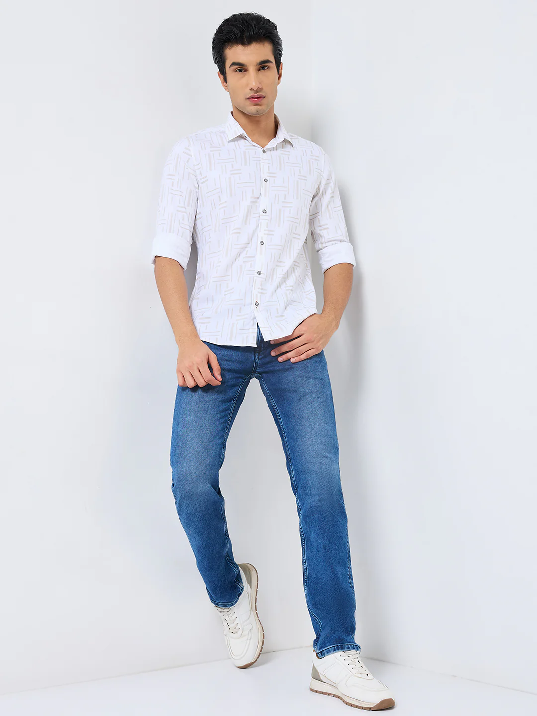 Men's Beige Printed Slim Fit Shirts - Image 4