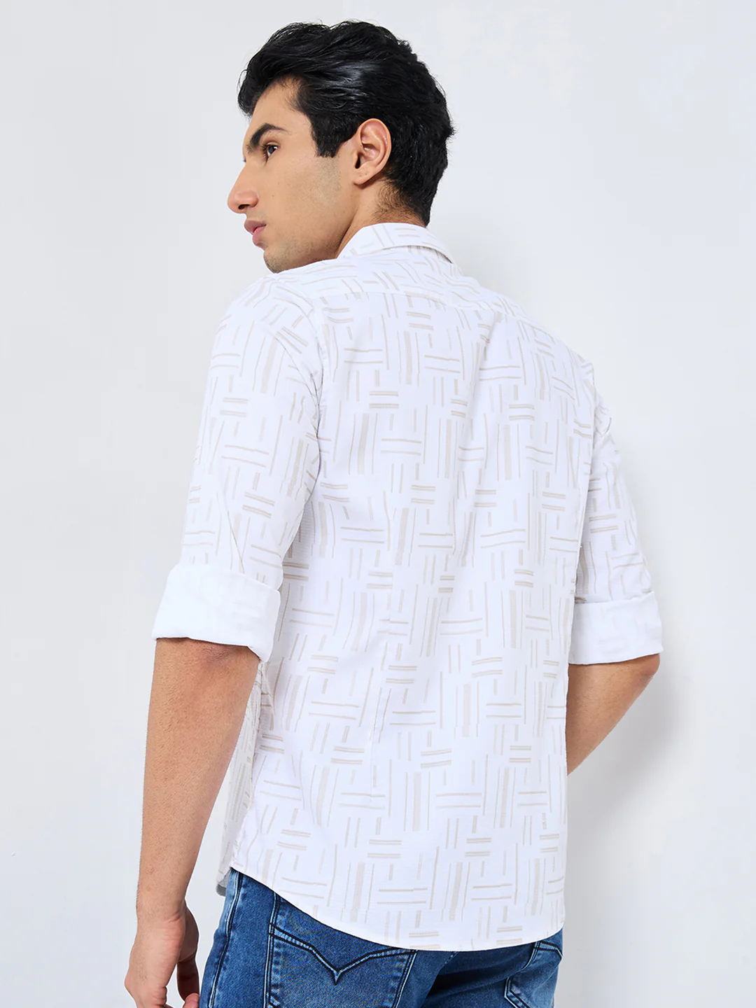 Men's Beige Printed Slim Fit Shirts - Image 5