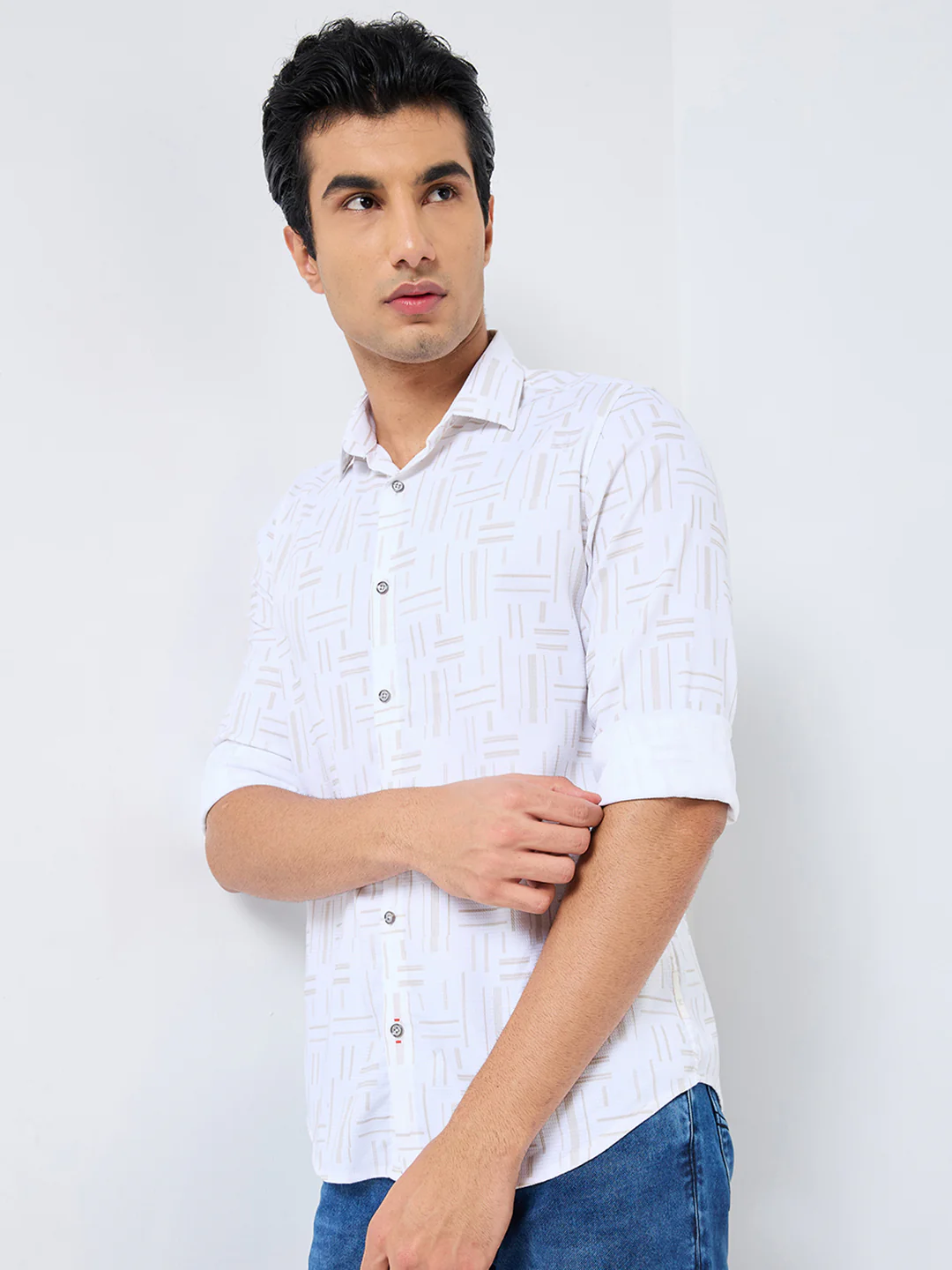 Men's Beige Printed Slim Fit Shirts - Image 6