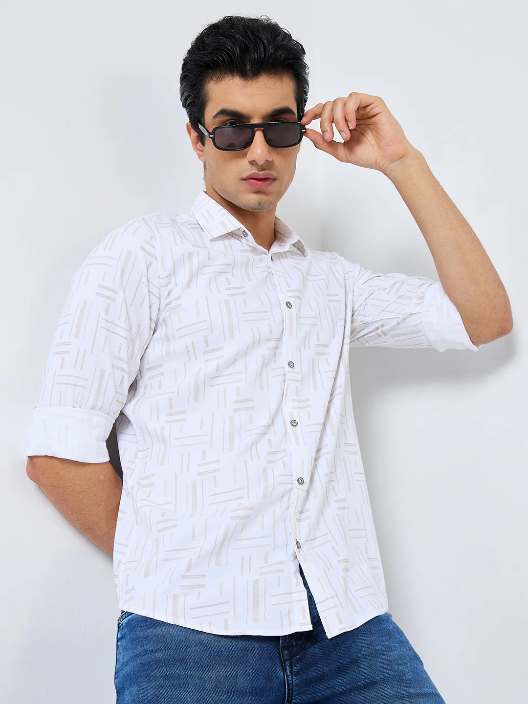 Men's Beige Printed Slim Fit Shirts - Image 8