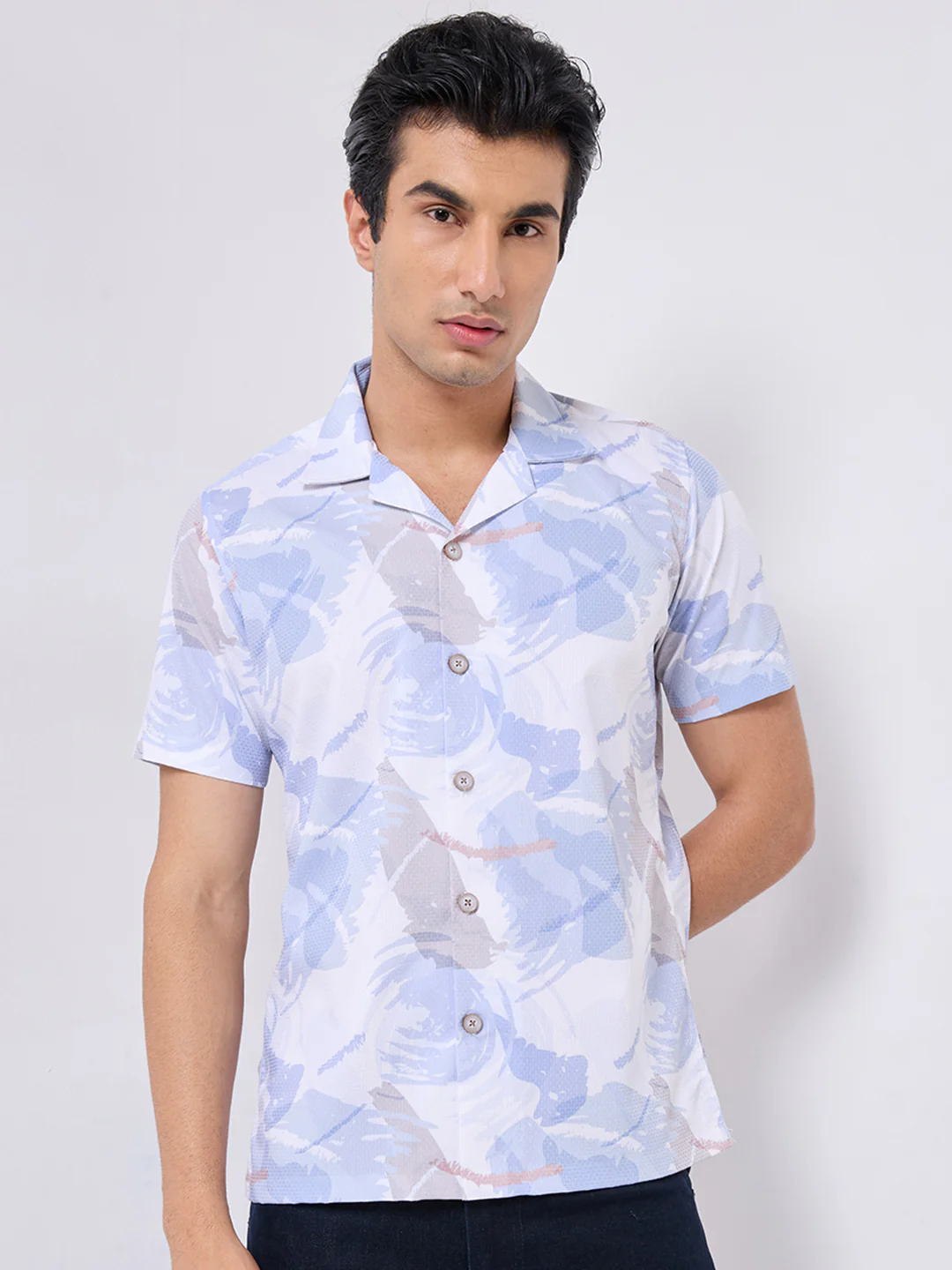 Men's Blue Printed Regular Fit Shirts - Image 3