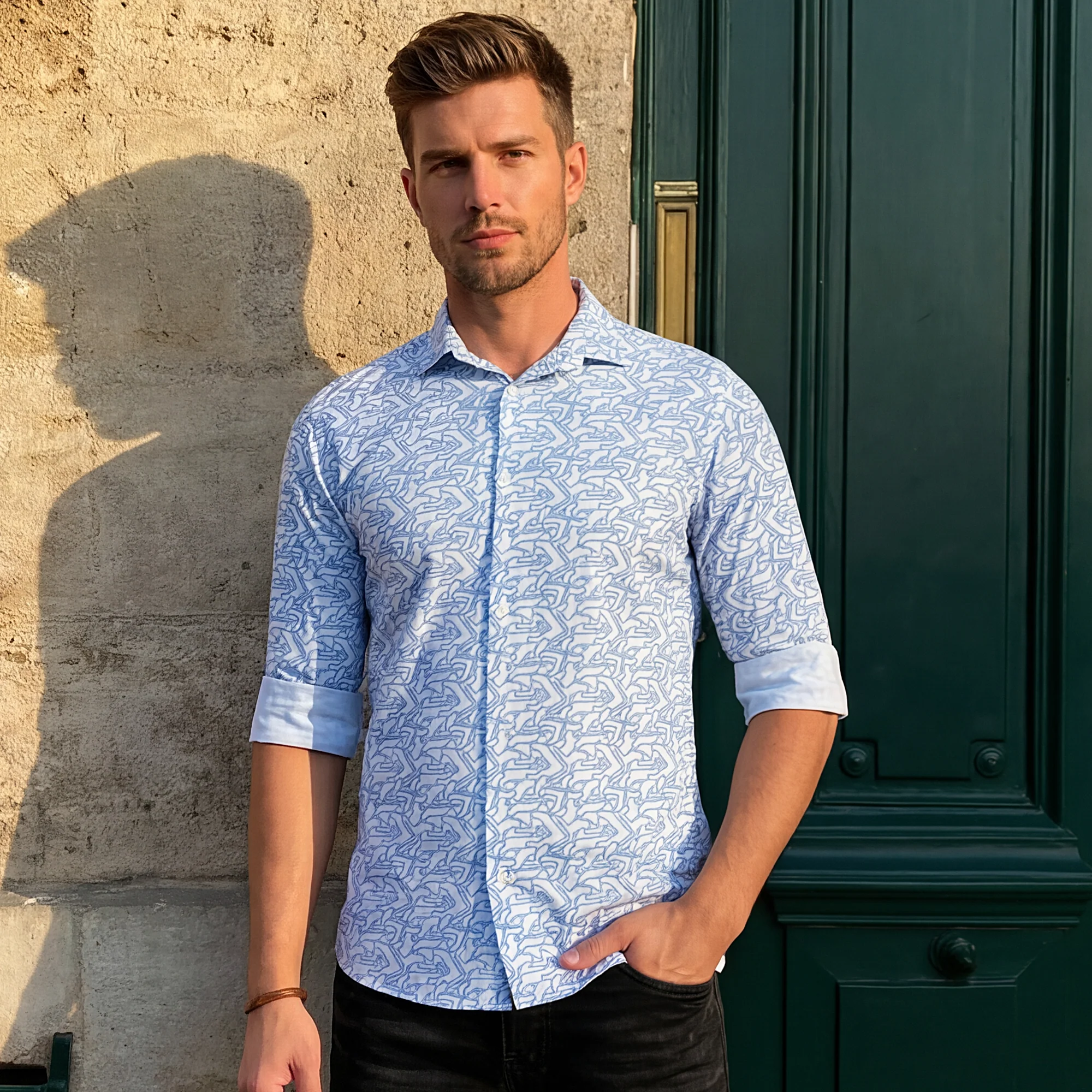 Men's Blue Printed Slim Fit Shirts - Image 2