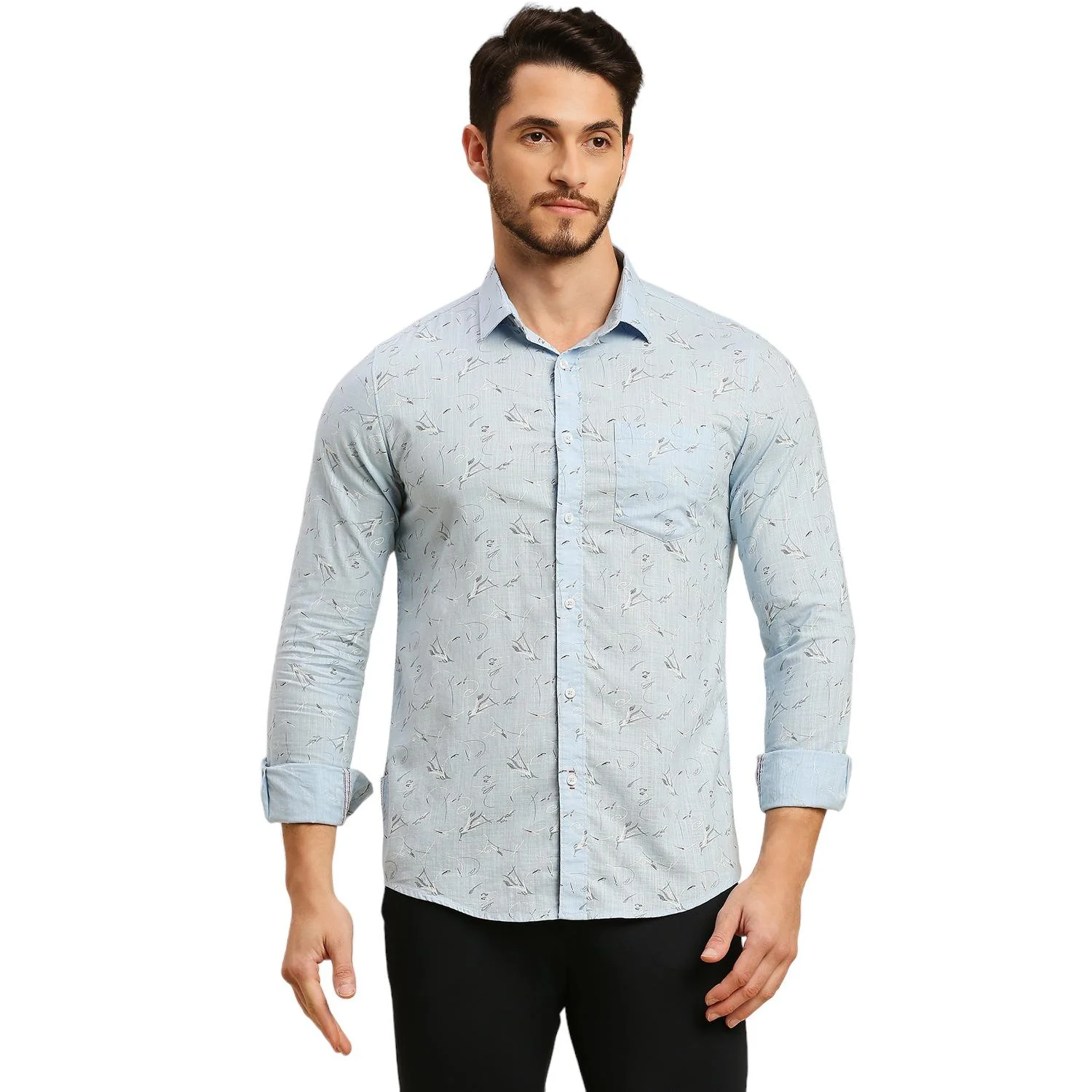 Men's Light Blue Printed Slim Fit Shirts - Image 3