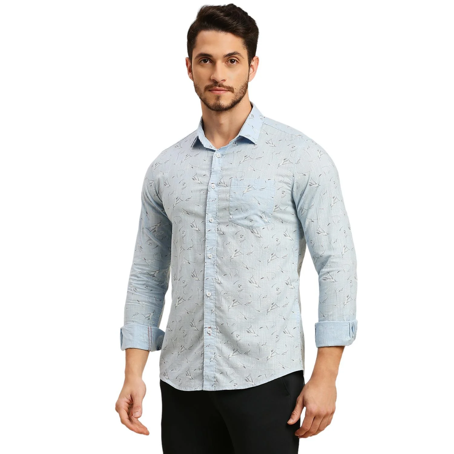 Men's Light Blue Printed Slim Fit Shirts - Image 4