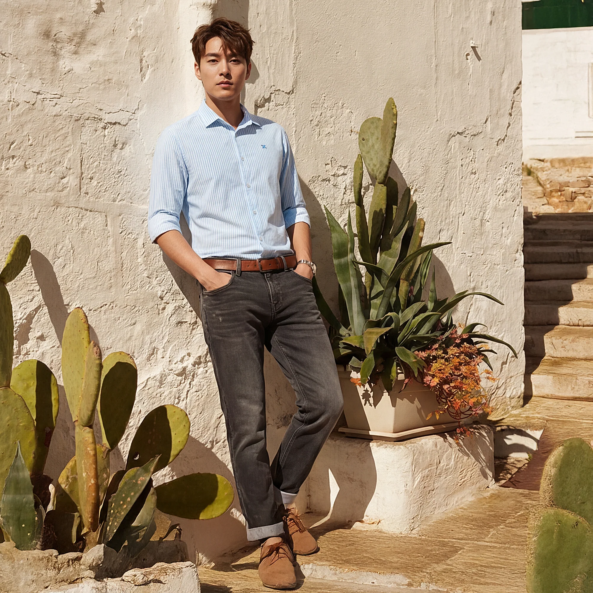 Men's Light Blue Striped Slim Fit Shirts