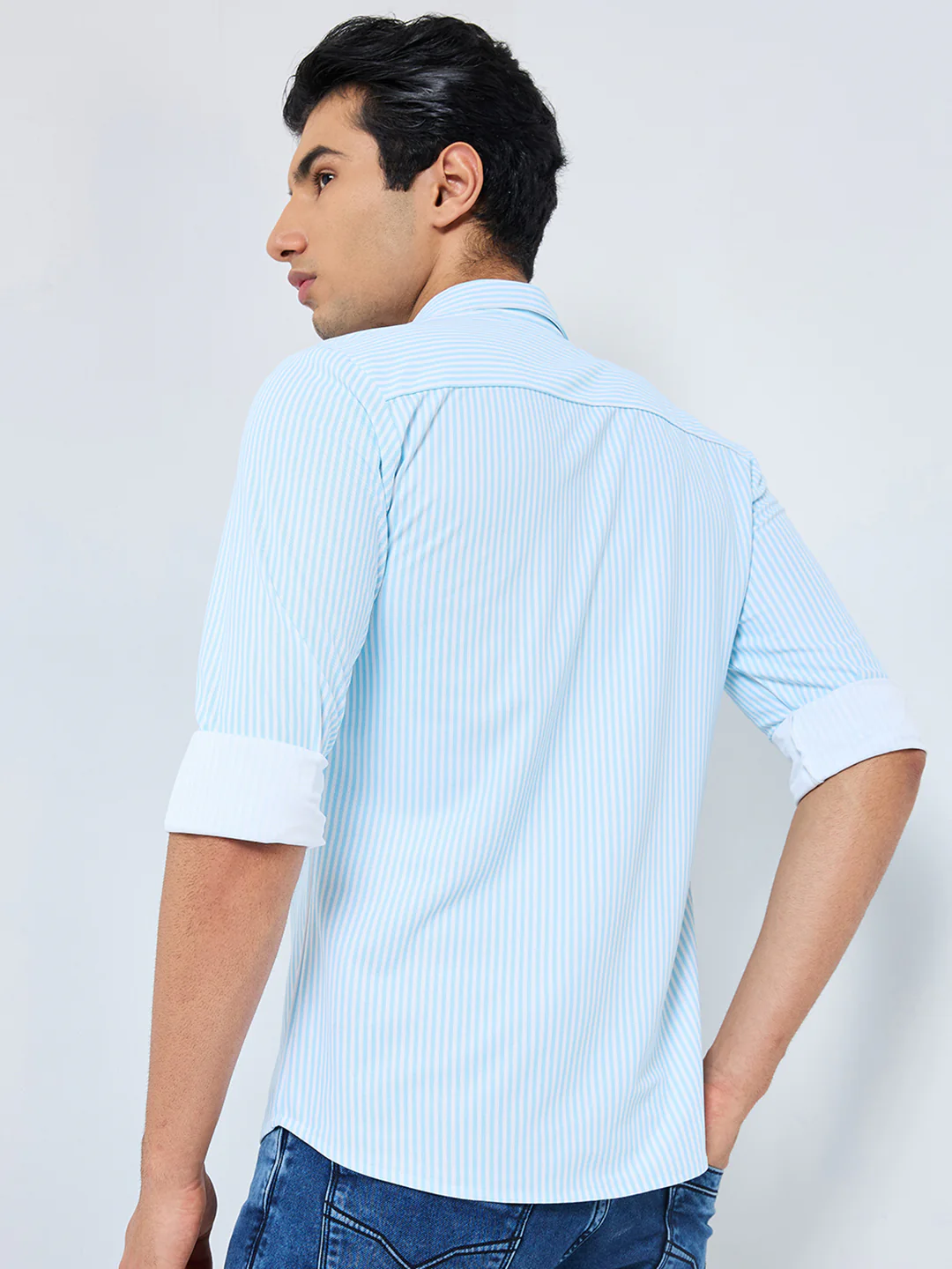 Men's Light Blue Striped Slim Fit Shirts - Image 5