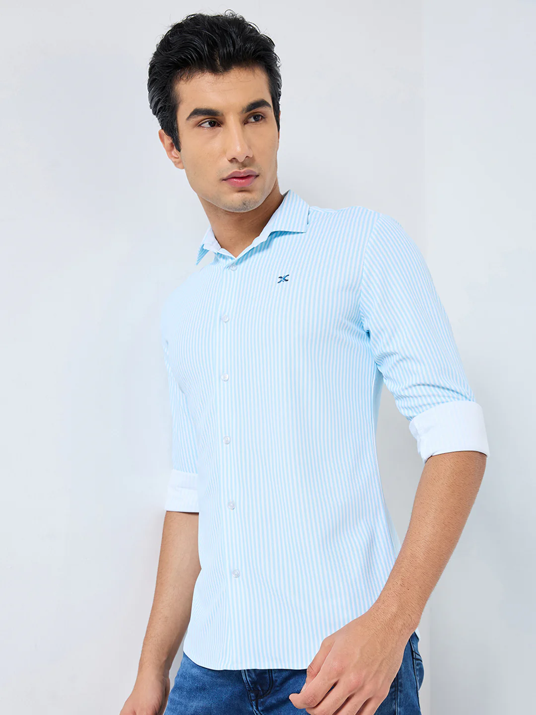 Men's Light Blue Striped Slim Fit Shirts - Image 6