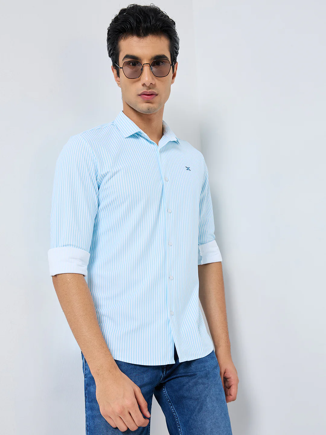 Men's Light Blue Striped Slim Fit Shirts - Image 8
