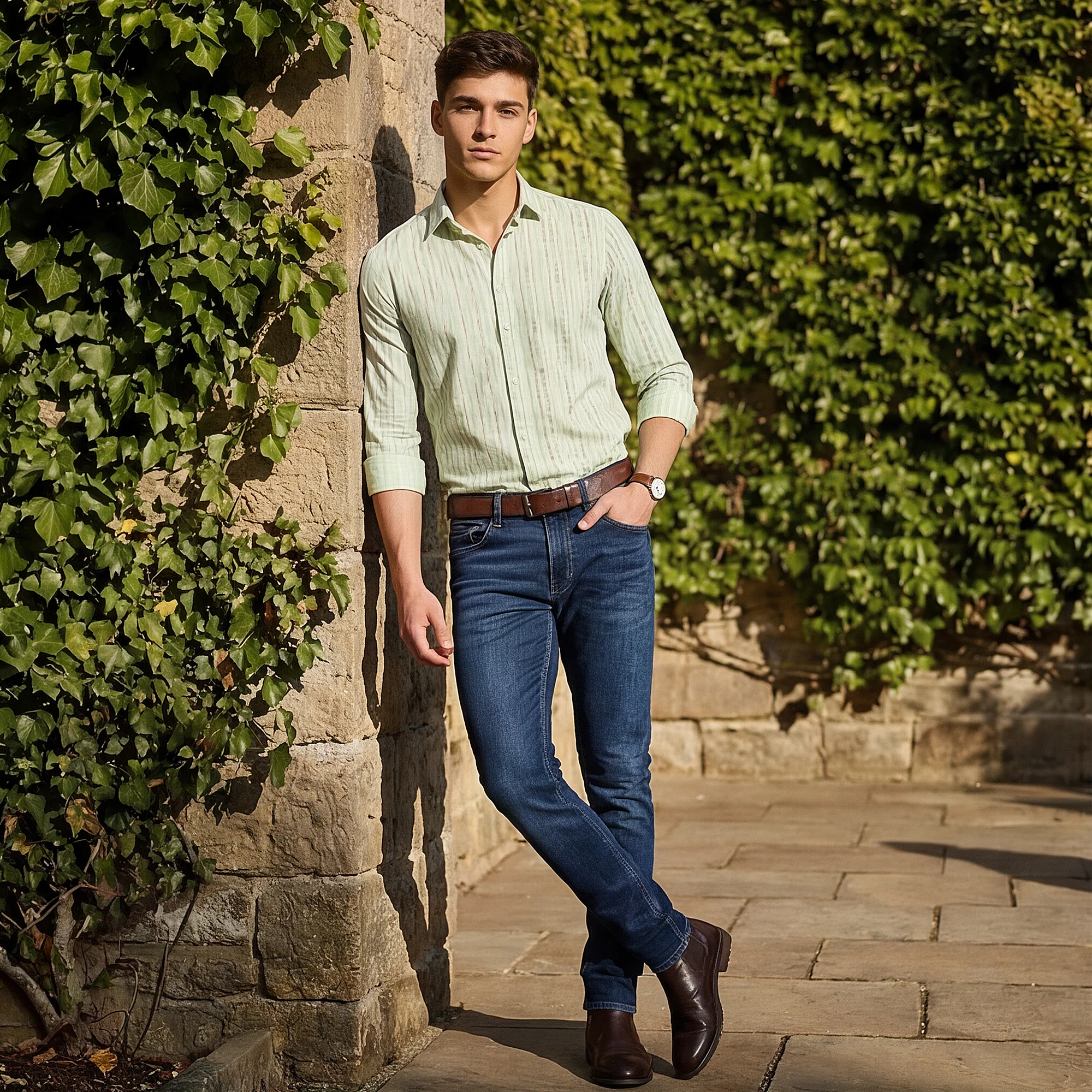 Men's Light Green Printed Slim Fit Shirts
