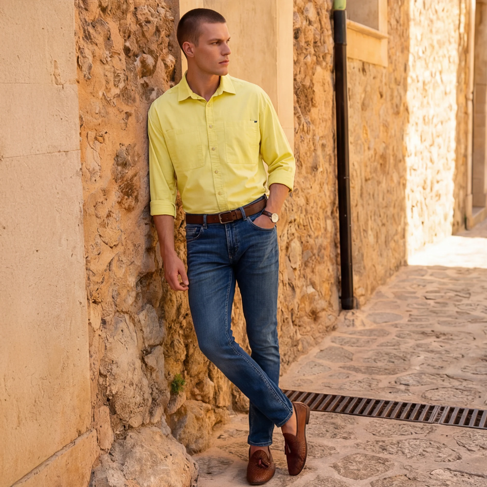 Men's Mustard Solid Loose Fit Shirts
