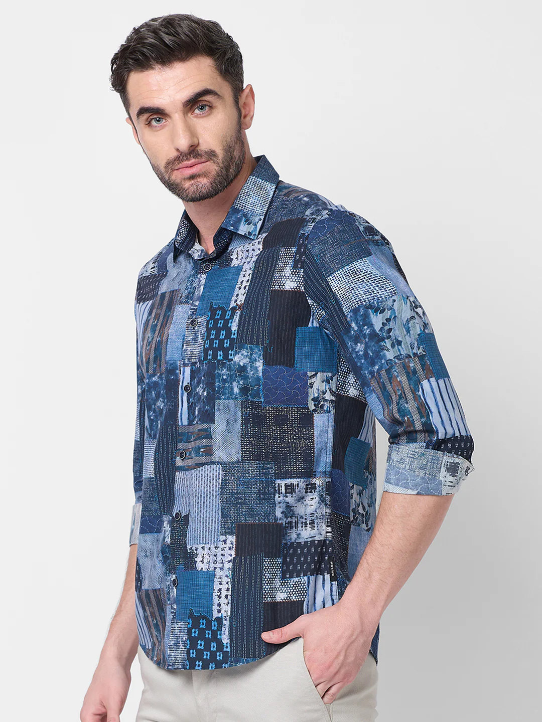 Men's Navy Printed Slim Fit Shirts - Image 6