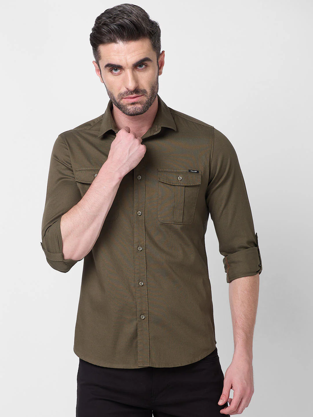 Men's Olive Solid Slim Fit Shirts - Image 3